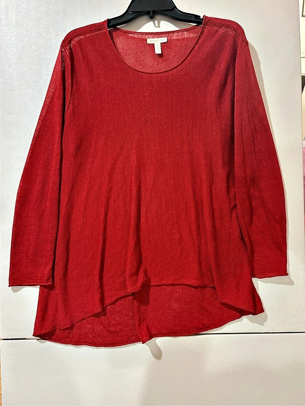 Eileen Fisher Organic Linen Blend High-Low Tunic Sweater Red Medium